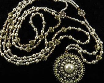 Handmade Wedding Lasso, el Lazo de Boda,with White Pearls, Crystal, Gold Tone Hearts