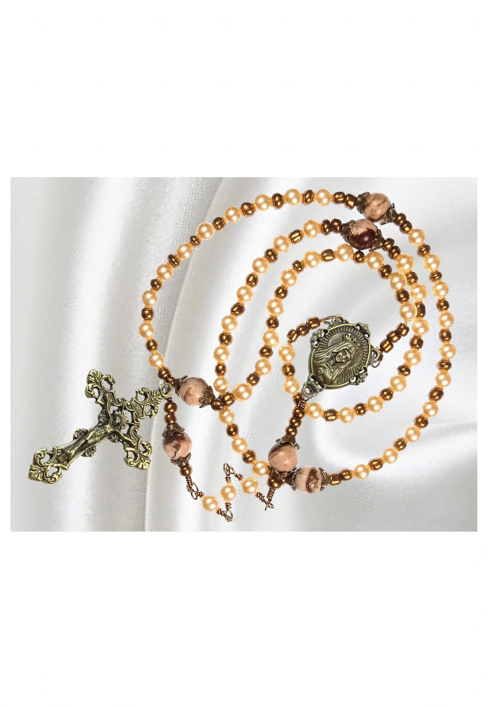 Handmade Catholic Rosary, Light Gold Pearls and Ornate Bronze Crucifix
