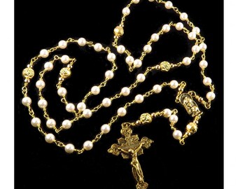 Handmade Catholic Rosary, Cream Crystal Pearls, Antique Gold Crucifix