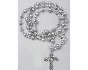 Handmade Catholic Rosary, Silver Shell Pearls and Ornate Crucifix