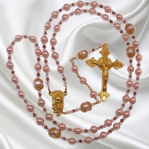 Handmade Catholic Rosary, Pink Pearl Rosary, Gold Tone Crucifix, Beaded Rosary, Lutheran Rosary, Religious Gift