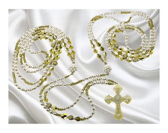Handmade Wedding Lasso: Ivory Pearl, Gold, Rhinestone Cross