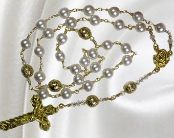 Anglican Rosary, Unbreakable Handmade Rosary, Cream White Czech Crystal Pearls and Gold Plated Lava Rock Beads