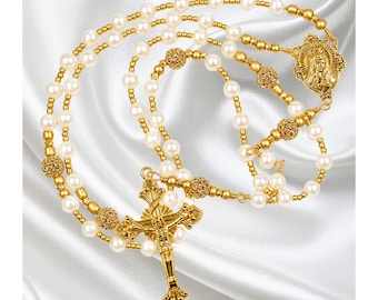 Handmade Catholic Rosary, White Shell Pearls, Gold Tone Rhinestone Encrusted Beads, and Ornate Crucifix
