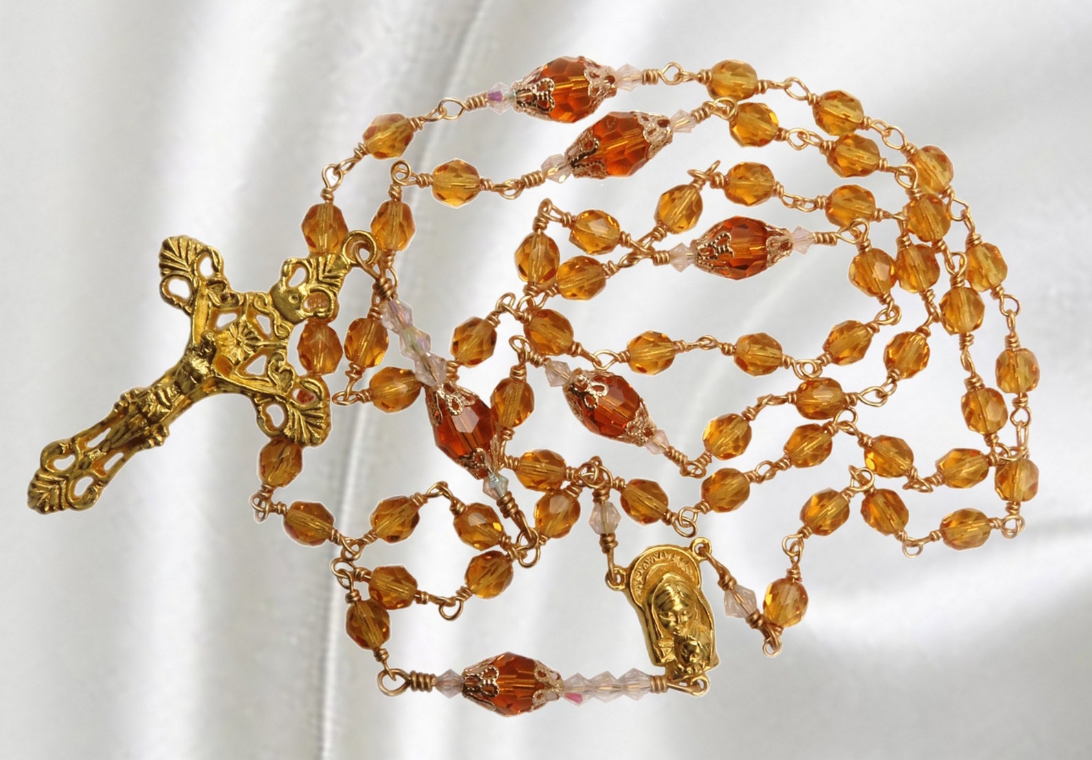 Handmade Unbreakable Catholic Rosary: Topaz Czech Crystal, November Birthstone Gift