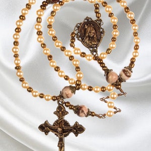 Handmade Catholic Rosary Cream White Crystal Pearls with Bronze Tone Ornate Crucifix image 2