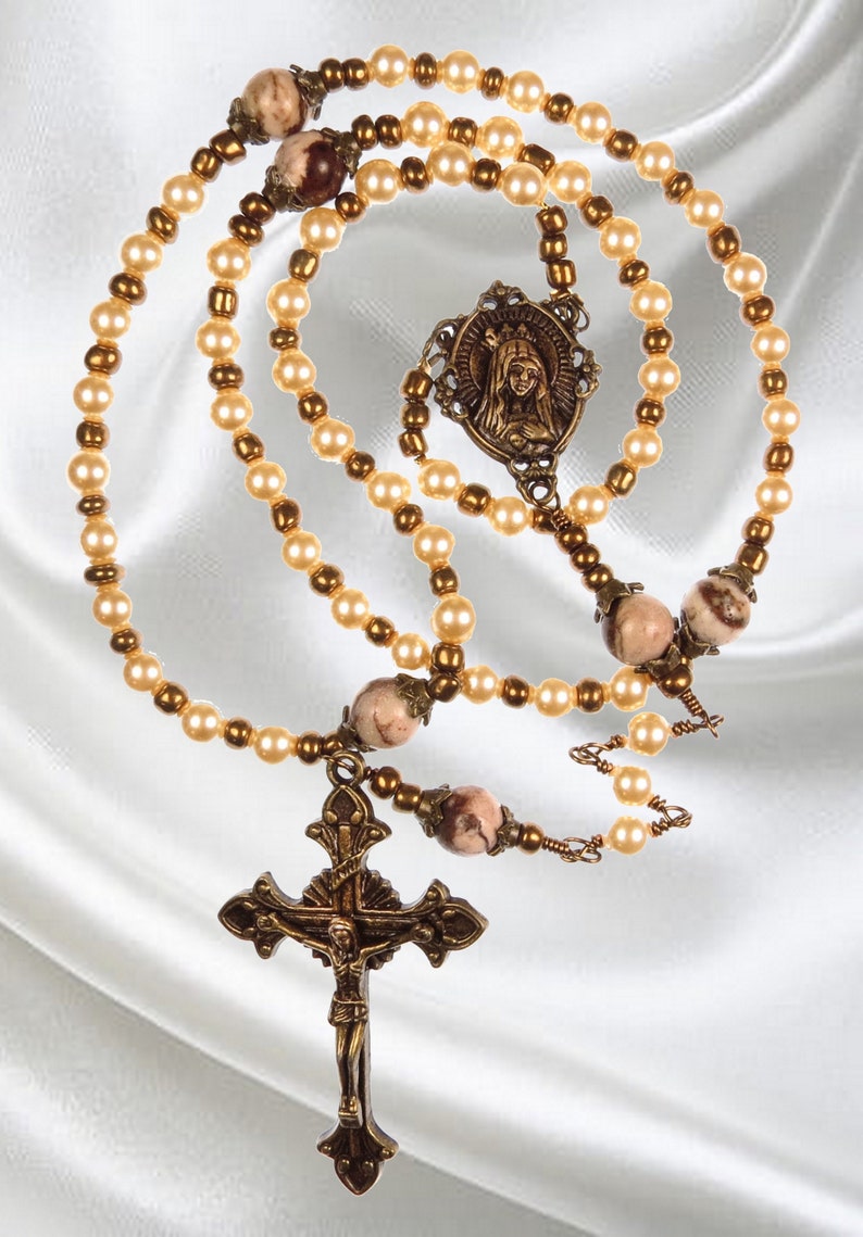 Handmade Catholic Rosary Cream White Crystal Pearls with Bronze Tone Ornate Crucifix image 2