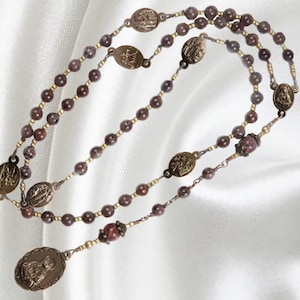 Servite Rosary, Chaplet of the Seven Sorrows, Natural Brown Agate with Bronze Tone Medals