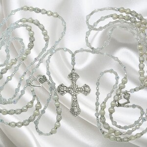 Non Denominational Lasso, Handmade Wedding Lasso, Lazo de Boda, Freshwater Pearl Lasso, with Crystals Rhinestones Hearts, Cross Pendant