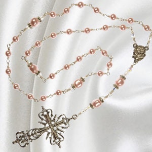 Handmade Unbreakable Anglican Episcopal Rosary Pink Czech Pearls and Silver Tone Ornate Cross