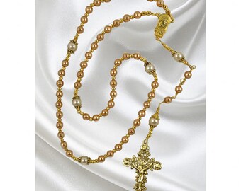 Handmade Catholic Rosary, Crystal Pearls and Ornate Golden Crucifix