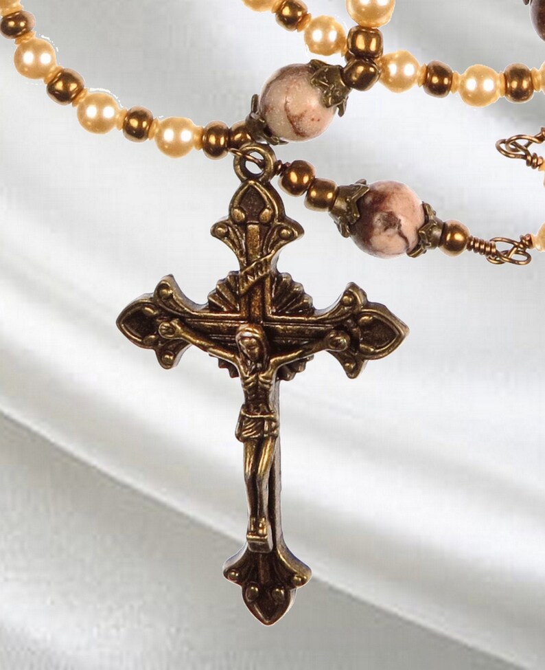 Handmade Catholic Rosary Cream White Crystal Pearls with Bronze Tone Ornate Crucifix image 4