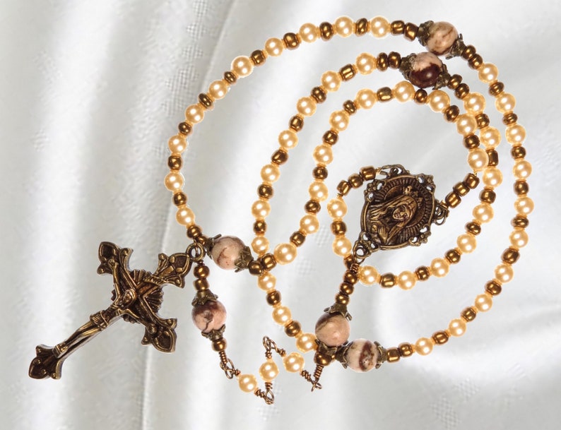 Handmade Catholic Rosary Cream White Crystal Pearls with Bronze Tone Ornate Crucifix image 1