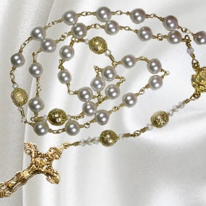 Anglican Rosary, Unbreakable Handmade Rosary, Cream White Czech Crystal Pearls and Gold Plated Lava Rock Beads, Ornate Crucifix