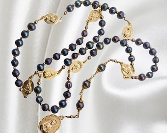 Handmade Chaplet of Seven Sorrows Rosary, Freshwater Pearls, Gold Tone