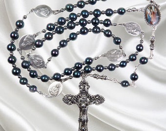 Handmade Catholic Seven Sorrows Rosary Chaplet of Our Lady of Sorrows Sorrowful Mother Iridescent Purple Shell Pearl Beads