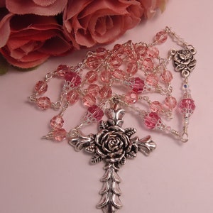 Handmade, Unbreakable Rosary, Anglican Rosary, Episcopal Rosary, Czech Pink Crystal Rosary, Prayer Beads, Silver Tone Ornate Cross