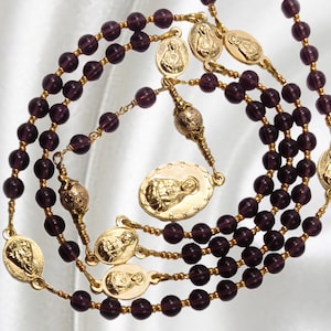 Handmade Franciscan Crown Rosary Seraphic Chaplet of Our Lady of Sorrows Seven Sorrows of Mary Amethyst Gemstones Gold Tone Medals Servite