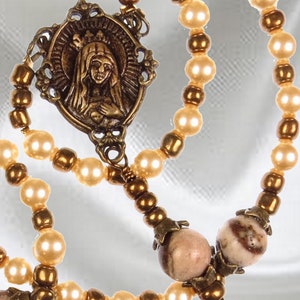 Handmade Catholic Rosary Cream White Crystal Pearls with Bronze Tone Ornate Crucifix image 3