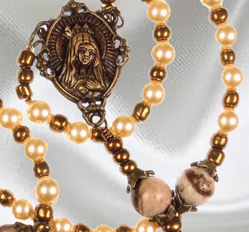 Handmade Catholic Rosary Cream White Crystal Pearls with Bronze Tone Ornate Crucifix image 3