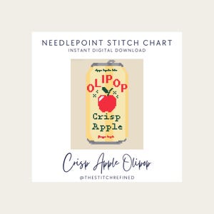 May include: A needlepoint stitch chart featuring a pixel art design of a cream-colored soda can labeled OLIPOP Crisp Apple with a red apple graphic. The text reads NEEDLEPOINT STITCH CHART, INSTANT DIGITAL DOWNLOAD, Crisp Apple Olipop, and @THESTITCHREFINED.