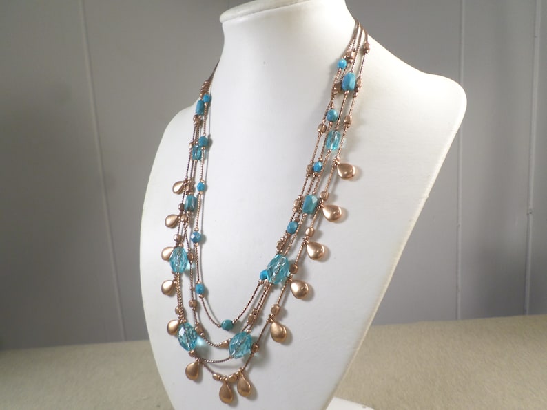 Vintage Rose Gold Tone Multi Strand Necklace With Blue Glass And Lucite Beads WK# 5955