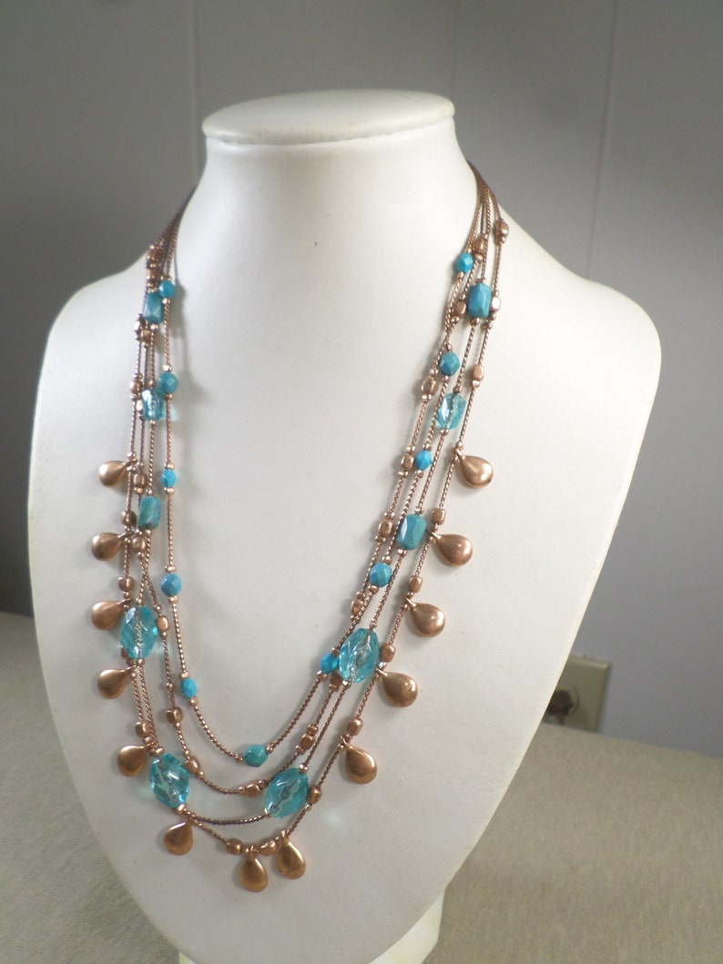 Vintage Rose Gold Tone Multi Strand Necklace With Blue Glass And Lucite Beads WK# 5955