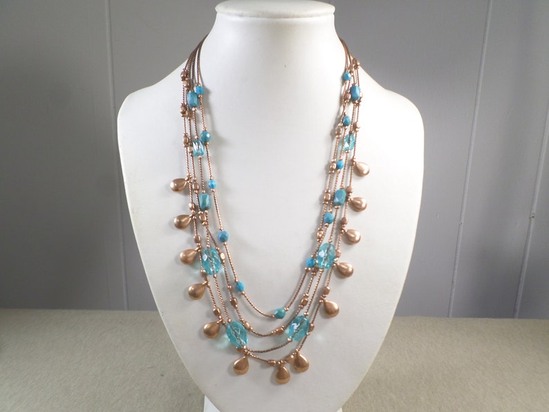 Vintage Rose Gold Tone Multi Strand Necklace With Blue Glass And Lucite Beads WK# 5955