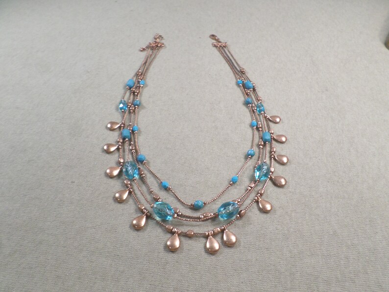 Vintage Rose Gold Tone Multi Strand Necklace With Blue Glass And Lucite Beads WK# 5955