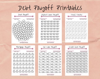 May include: A set of six printable debt payoff trackers with a pink background. Each tracker features a different visual representation: balloons, graduation caps, airplanes, houses, cars, and credit cards. The title "Debt Payoff Printables" is at the top.
