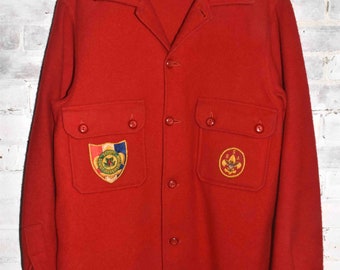 Vintage Boy Scouts of America RED Wool Shirt Jacket with Vintage Patches Size 40!