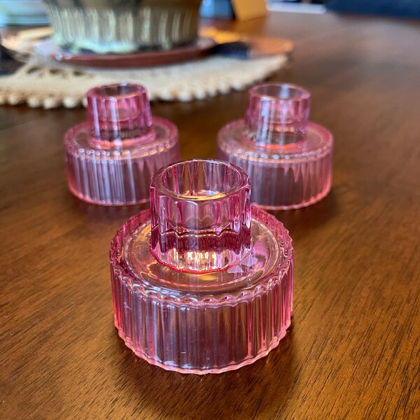 Pink Ribbed Crystal Glass 3" Taper Candle Holders, Reversible Mini Votive Tealight Candle Stands