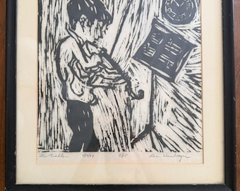 Vintage houtsnede uit het midden van de eeuw, gesigneerd door muzikant 'The Fiddler' door Lee Weinberger
