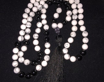 White Turquoise & Natural Black Tourmaline 108 Bead Knotted Mala