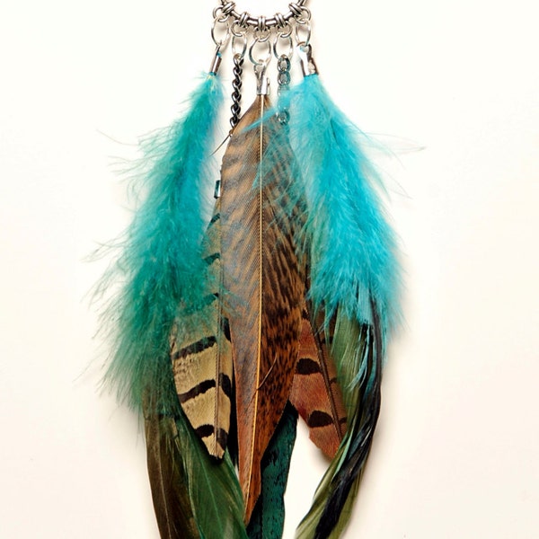 Flowing Grace Winged Yogini Teal and Brown Dangle Feather Earrings