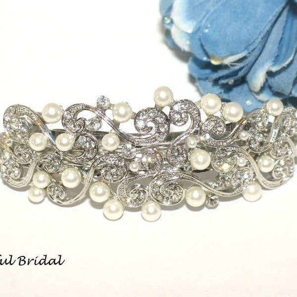 Pearl Crystal Hair Barrette, Wedding Hair Accessory, Pearl Hair Barrette, Vintage Hair Barrette, Bridal Hairpiece, Wedding Pearl Hairpiece