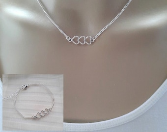 Silver Heart Necklace and Bracelet Set: Dainty Jewelry Gift