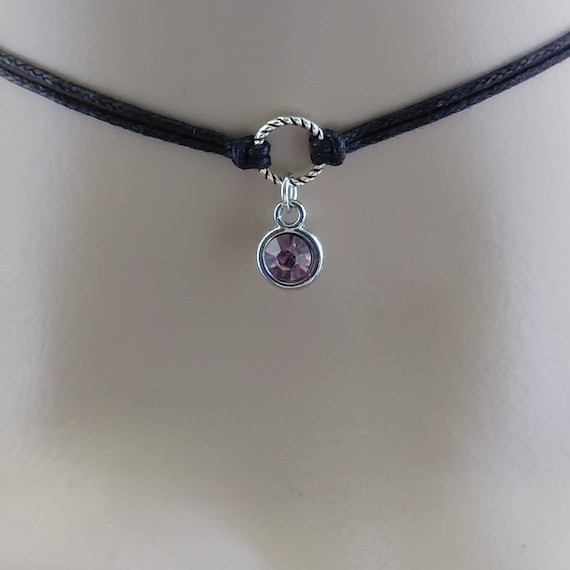 Black cord choker necklace with birthstone charm, fairy grunge jewellery, minimalist boho