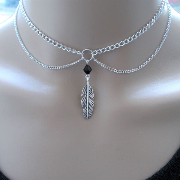 double chain choker-  feather choker - silver jewellery - elegant jewellery for her