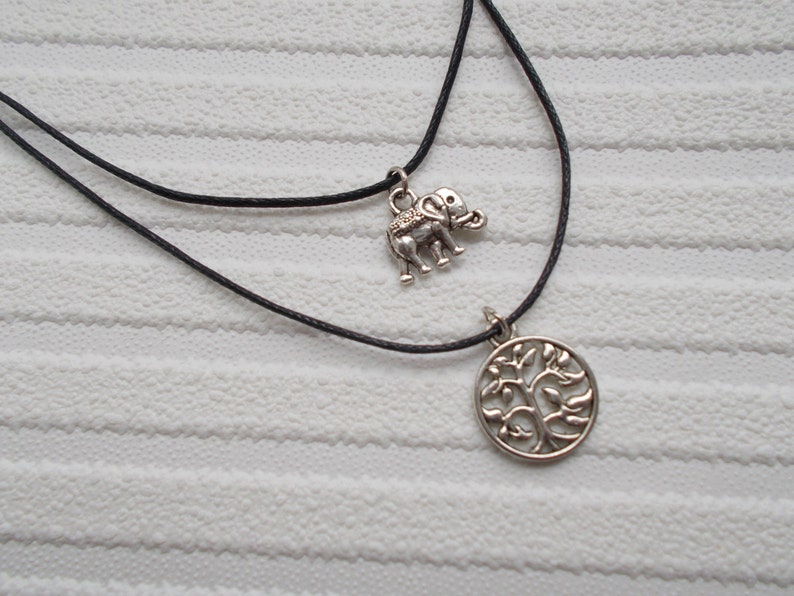 double choker necklace elephant and tree of life choker black choker layered choker image 5