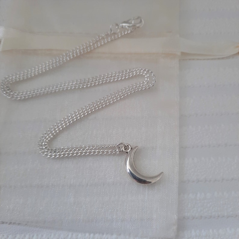 May include: A silver chain necklace with a crescent moon pendant.