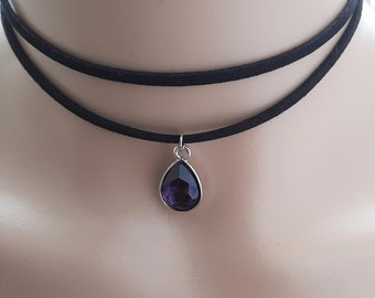 birthstone choker necklace, a black double wrap faux suede choker with teardrop birthstone charm, personalised gift for women