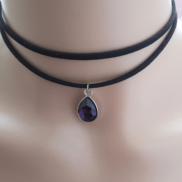 birthstone choker necklace, a black double wrap faux suede choker with teardrop birthstone charm, personalised gift for women