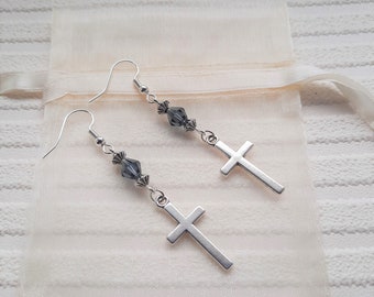 silver cross earrings - handmade beaded cross earrings - cross jewellery - silver accessories for women