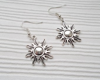 silver sun earrings, fashion jewellery, dropper earrings, silver earrings, silver jewellery, stocking stuffer, gift for her, simple earrings