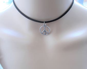 Peace Sign Choker necklace: black cord choker with charm, retro jewellery