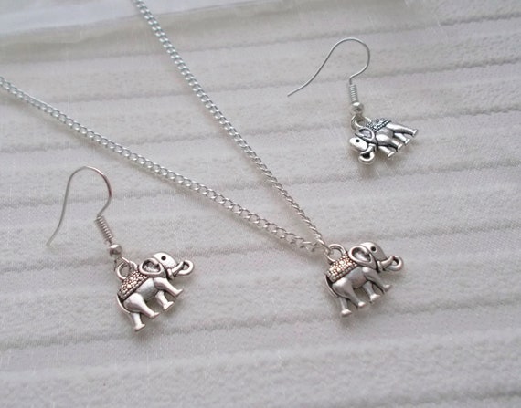 Dainty Silver Elephant Necklace and Earrings Set, simple jewellery for her