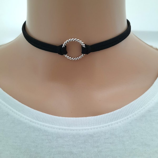 Ring choker necklace, black cord circle choker made with faux suede, silver O ring choker for women