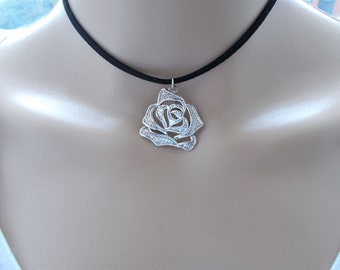 silver rose choker necklace - black choker for women - flower accessories - adjustable choker with charm