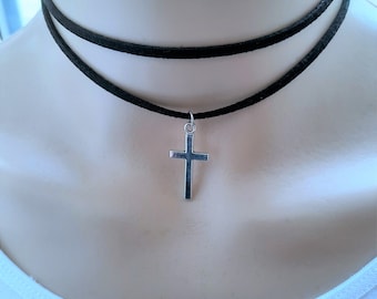 silver cross choker, black double choker with charm, layered choker with silver cross, chokers for women